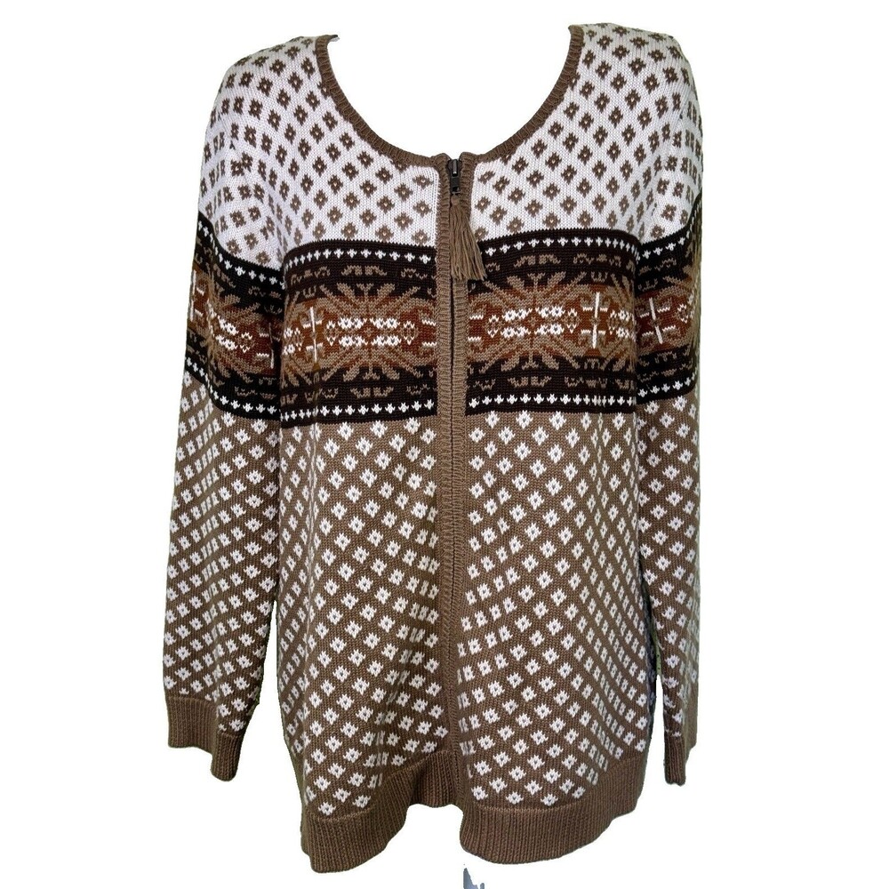 CJ Banks Fair Isle Womens Sweater Cardigan Ivory Brown Vtg  Cotton Blend Size XL